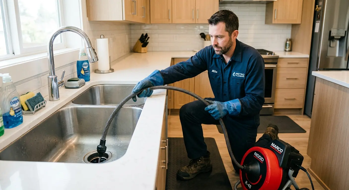 Drain cleaning technician using a motorized snake on a kitchen sink in Lavon