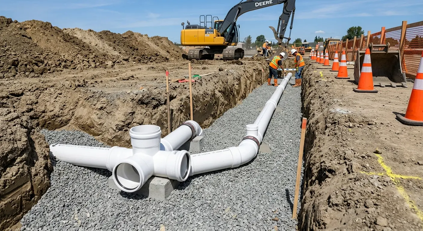 New PVC sewer pipe installation in open trench for Sewer Backup in Lavon